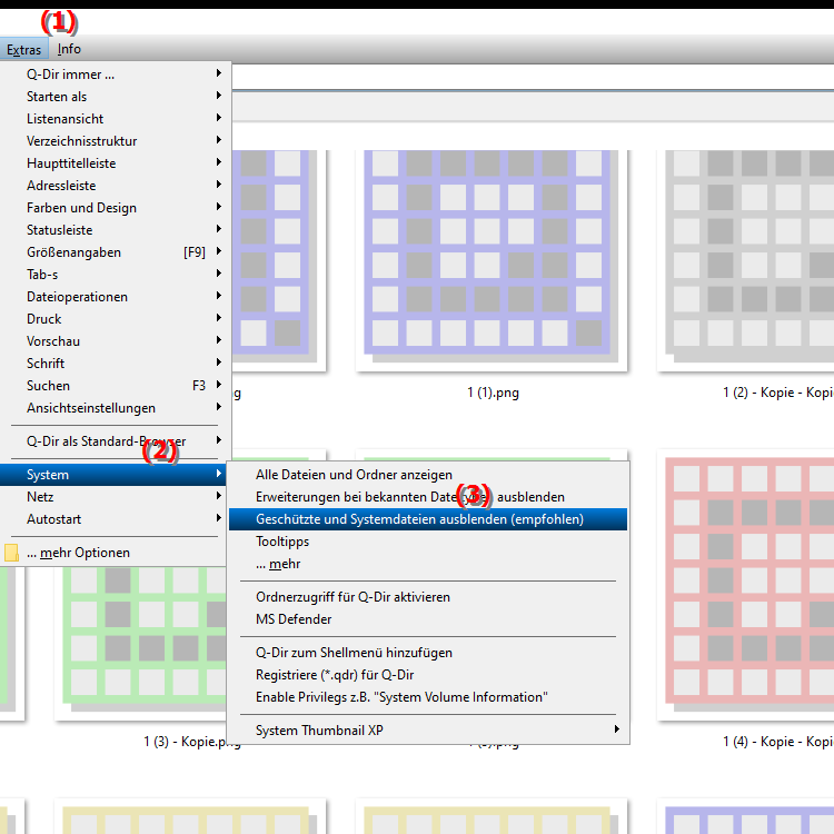 Wie kann ich geschützte und Systemdateien im Quad Datei Explorer ein  und ausblenden